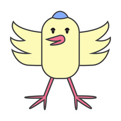 Cute cartoon yellow bird with cap and open wings.