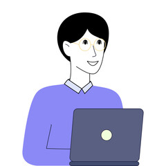 Young man with glasses using laptop and smiling.