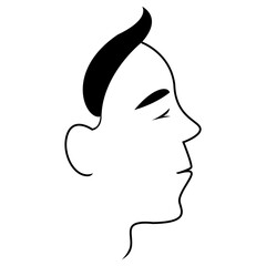 Stylized male side profile with closed eyes and sharp hair.