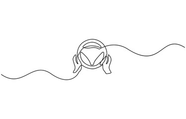 Obraz premium steering one line art drawing, hand holds the steering wheel - one line drawing. Concept of car interior, driving one hand, driving exam.