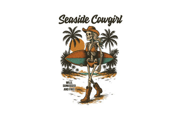 Seaside Cowgirl, Skeleton cowgirl holding a surfboard on a beach - Retro Summer Sublimation Design