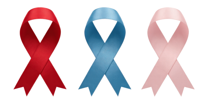 Three awareness ribbons in red blue and pink on a transparent background