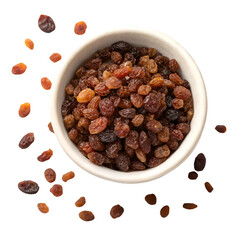 Raisins on white bowl top view isolated on white background