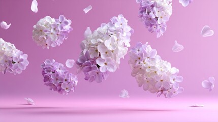 Delicate lilac blossoms, floating in mid-air on a soft pink background