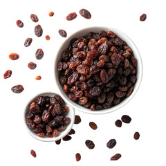 Raisins on white bowl top view isolated on white background