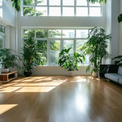 Fototapeta premium Bright living room with tropical plants modern home interior design sunlit space contemporary style