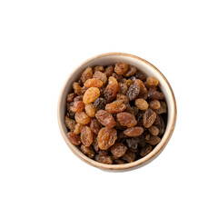 Raisins on white bowl top view isolated on white background