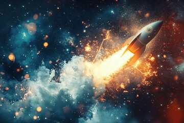 Fototapeta premium A dynamic photo collage design showcases an abstract technology background with concept of an idea notebook soaring through sky like a rocket- capturing essence of innovation and creativity in a visu