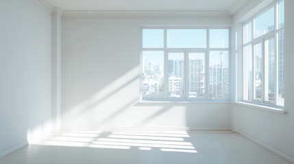 Fototapeta premium Bright empty room with large windows and city view outside