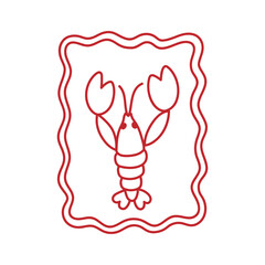 Doodle scribble abstract lobster with claws. Coquette aesthetic line art frame. Marine crawfish with pincers. Hand drawn sketch, creative drawing. Water animal, seafood. Summer design element