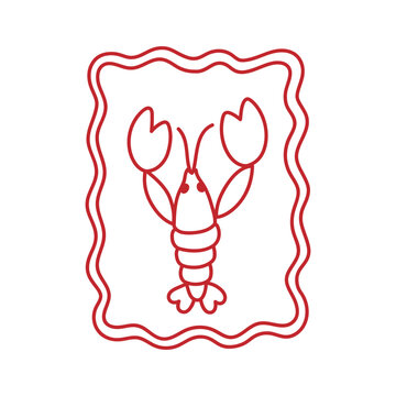 Doodle scribble abstract lobster with claws. Coquette aesthetic line art frame. Marine crawfish with pincers. Hand drawn sketch, creative drawing. Water animal, seafood. Summer design element