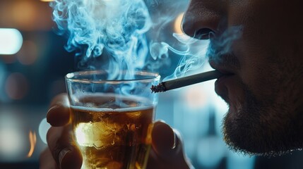 Man Smoking and Drinking in a Bar: A Gloomy Atmosphere
