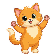 A fluffy ginger kitten standing on its hind legs with a paw raised and a joyful expression on white backgroundArtwork