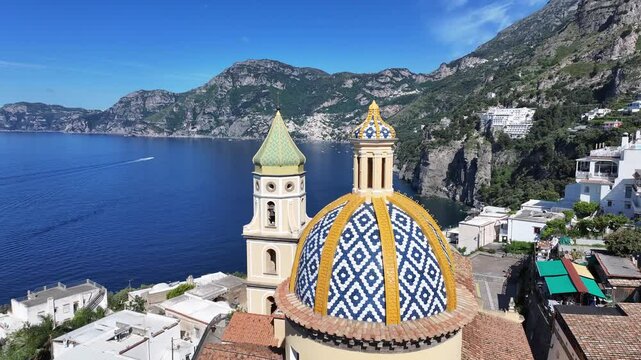 Praiano Church At Praiano Salerno Italy. Breathtaking Aerial View Of Famous Church In The City. Paradise Landscape Heaven Amazing. Paradise Watercolor Coast. Praiano Salerno.