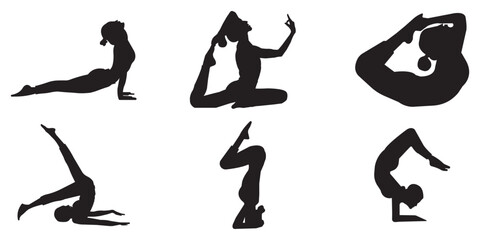Obraz premium Set of Silhouette Yoga Poses Flexible Poses for Fitness, Health, and Wellness Design. Silhouettes of woman doing yoga exercises. Icons of flexible girl stretching and relaxing eps 10