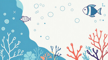 A playful underwater scene with stylized fish and coral reef. evoking the marine environment.