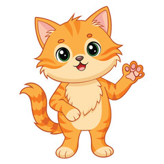 A fluffy ginger kitten standing on its hind legs with a paw raised and a joyful expression on white backgroundArtwork