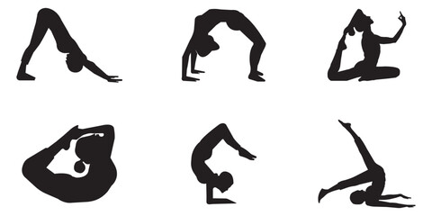 Set of Silhouette Yoga Poses Flexible Poses for Fitness, Health, and Wellness Design. Silhouettes of woman doing yoga exercises. Icons of flexible girl stretching and relaxing eps 10