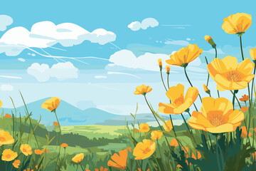 Obraz premium Vector spring, nature background with chamomiles and dandelions.