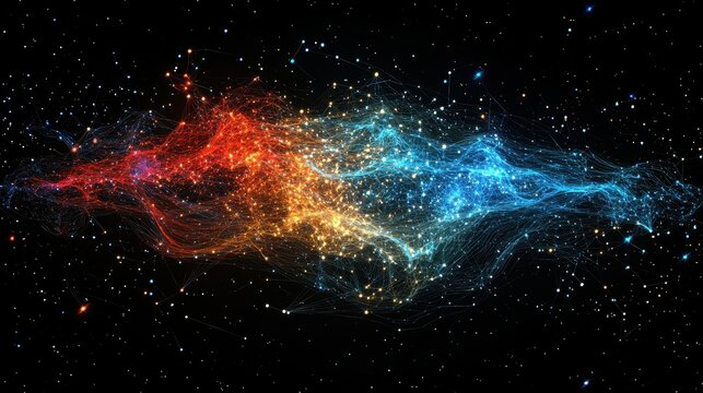 Cosmic Convergence A Luminous Interstellar Cloud Displaying the Dance of Warmth and Coolness Against the Backdrop of a Starry Night Sky