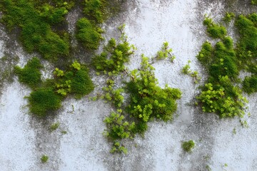 Mossy Texture on Old Wall: Detailed close-up of vibrant green moss growing on a weathered gray wall, creating a stunning natural texture that adds character and charm.