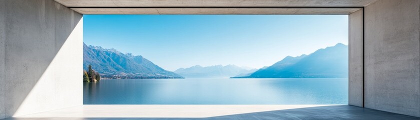 Naklejka premium Concrete Window View Serene Lake and Mountain Panorama, Modern Architecture, Landscape