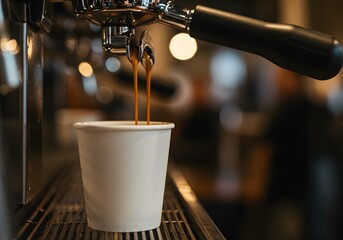 Coffee pouring into a paper cup at a coffee shop
