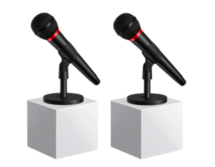  A pair of black microphones with long cables on top of two square podiums, vectorized transparent background,