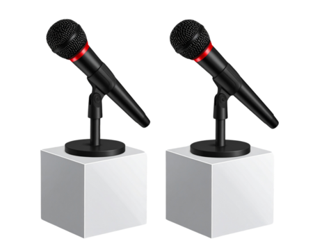  A pair of black microphones with long cables on top of two square podiums, vectorized transparent background,