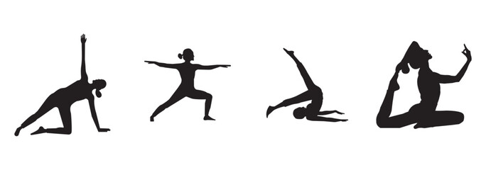 Yoga silhouette vector art illustration. Yoga vector icon. Meditation with yoga. Six icon black yoga pose isolated on white background. eps 10