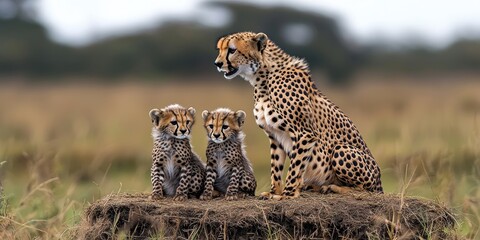 Obraz premium A cheetah mother protectively watches over her two cubs perched atop a mound in a sprawling savanna