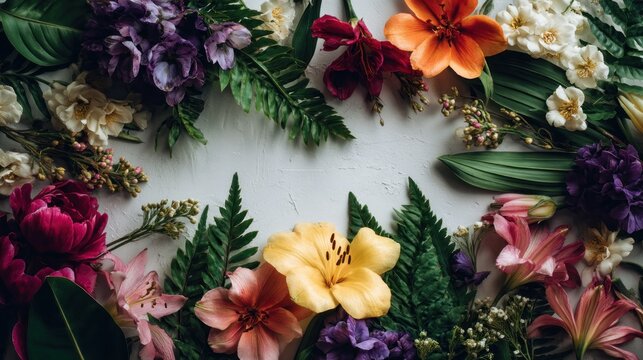 Vibrant floral arrangement, various colorful flowers and greenery artfully arranged