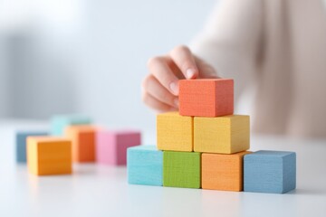 Obraz premium child hands lay colorful building blocks on clean white surface captured in soft focus