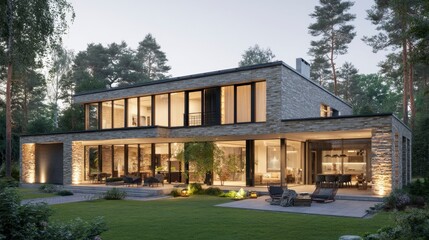 Modern house exterior at twilight