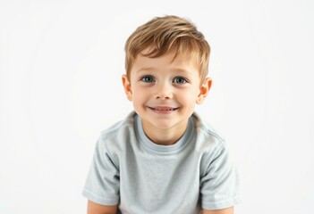Naklejka premium Portrait of a young boy with a rare condition, sitting on a plain white background