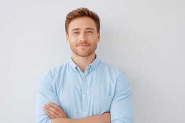 confident project manager standing with arms crossed shown waist-up against plain white backdrop