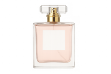 Delicate pink perfume bottle featuring gold cap, transparent setting, highlighting luxury cosmetic packaging design