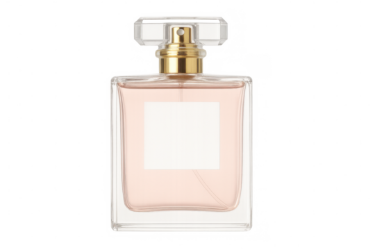 Delicate pink perfume bottle featuring gold cap, transparent setting, highlighting luxury cosmetic packaging design