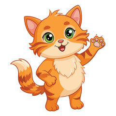 A fluffy ginger kitten standing on its hind legs with a paw raised and a joyful expression on white background