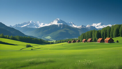 Obraz premium Alpine meadow landscape with mountains trees and clouds in spring or summer