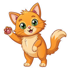 A fluffy ginger kitten standing on its hind legs with a paw raised and a joyful expression on white background