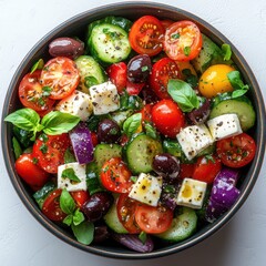 Overhead shot of a greek salad with tomatoes cucumbers feta and olives in bowl