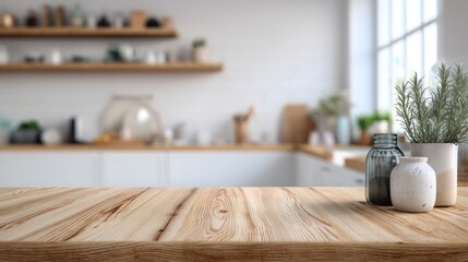 Modern kitchen counter top, featuring a wooden surface, soft focus, and simple decor