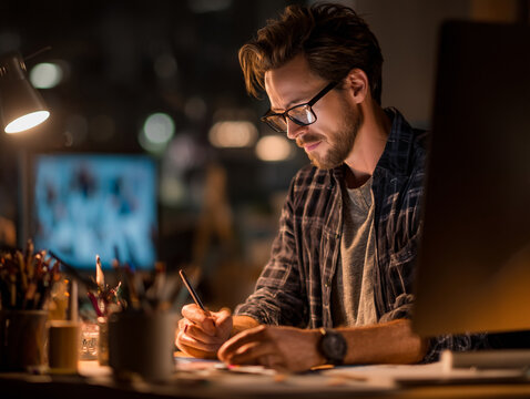 Creative Designer Man at Work: Focused Evening in a Modern Home Office with Pens, Notebook, and Laptop