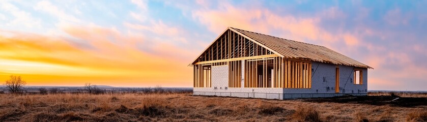 Framing House at Sunset, New Home Construction ,Real estate