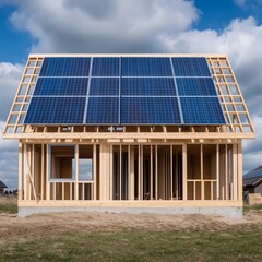 Fototapeta premium Framing Stage Home with Solar Panels on Roof, Construction, Renewable Energy