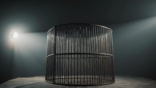 A dimly lit video scene with a low-angle view of an empty cage on a concrete floor, illuminated by two spotlights, creating a mysterious atmosphere.