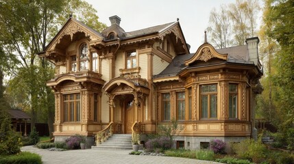 Obraz premium Ornate wooden house exterior