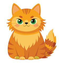 A fluffy golden tabby cat with a flat face and grumpy expression is sitting upright on white background