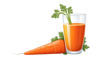 A vibrant and healthy glass of fresh carrot juice, accompanied by a whole carrot and a few carrot slices, emphasizing its natural goodness and nutritious benefits.